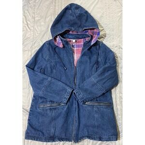 Denim Hooded Jacket with Plaid Lining and Zip Pockets Size Medium